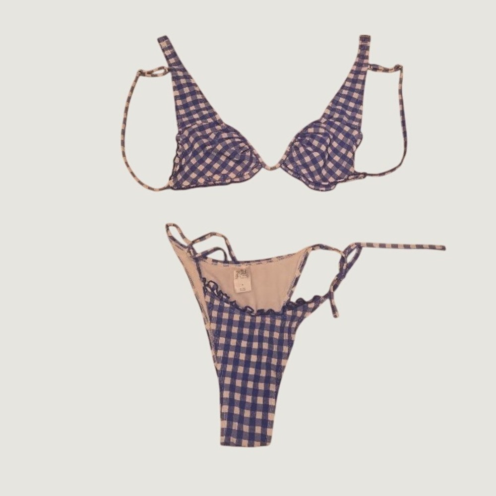 Wild Fable Blue White Gingham Bikini Set Underwire Top Side Tie Bottoms Size M